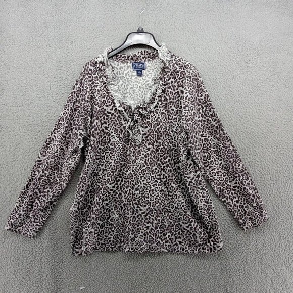 Chaps Shirt Womens 3X White Brown Cheetah Animal Print‎ Long Sleeve Ruffled Neck - Picture 1 of 7